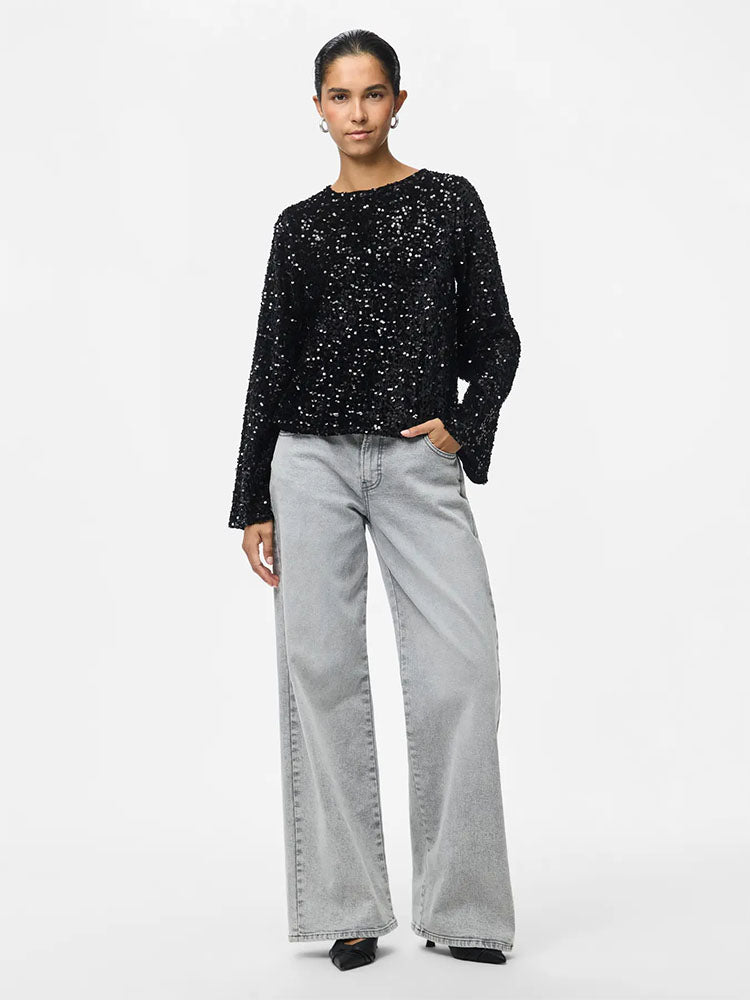 Pckam Deep Back Bow Black Sequins Top