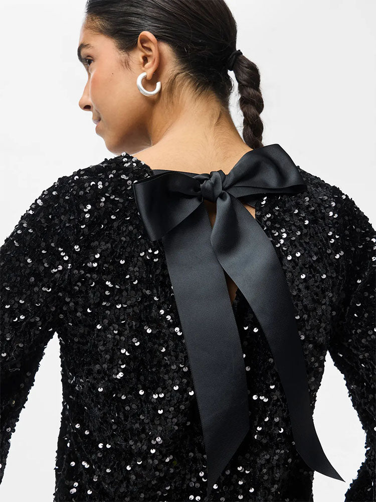 Pckam Deep Back Bow Black Sequins Top
