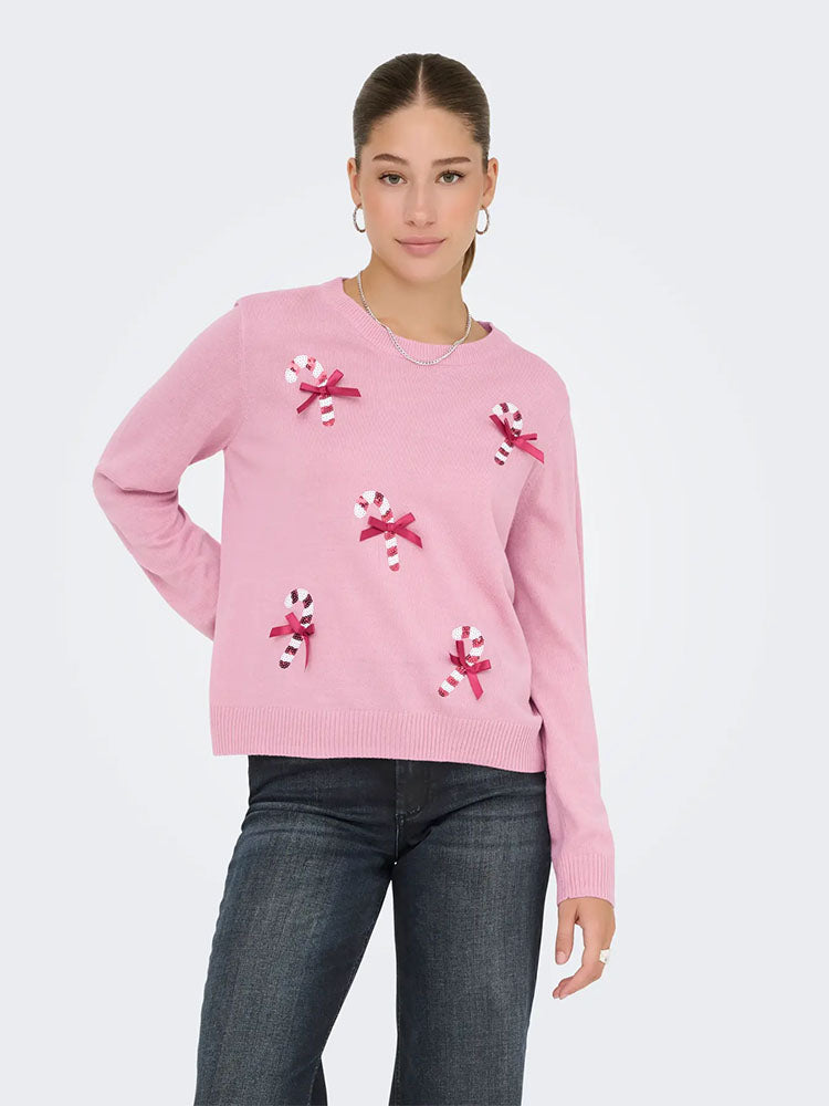 Onlxmas Shine Knit Sweater-Pink Candy Canes