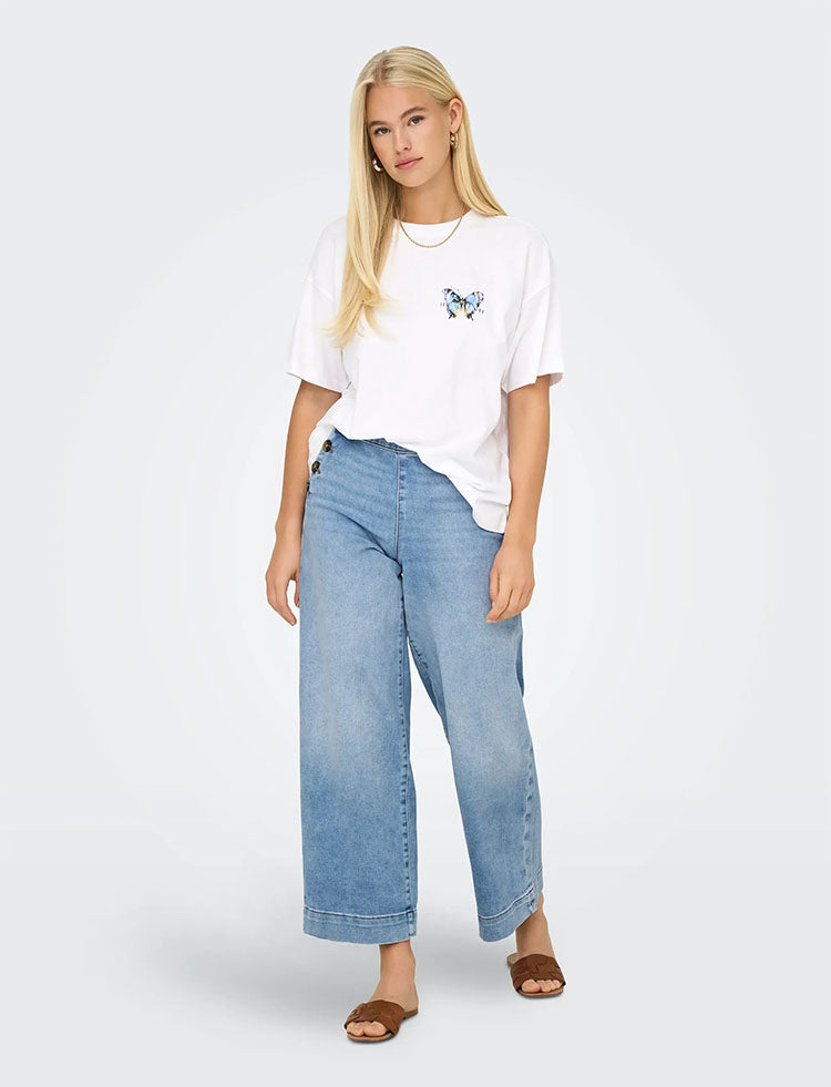 Onlmadison High Waist Button Wide Leg Crop Denim Jeans-Light Blue Denim
