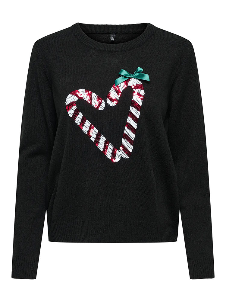 Onlxmas Shine Knit Sweater=Black Candy Heart