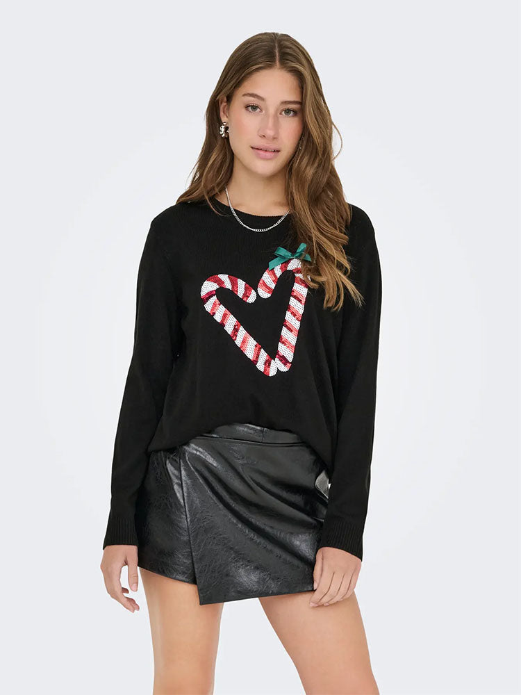 Onlxmas Shine Knit Sweater=Black Candy Heart