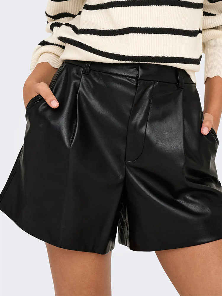 Onlsmooth High Waist Faux Leather Shorts-Black