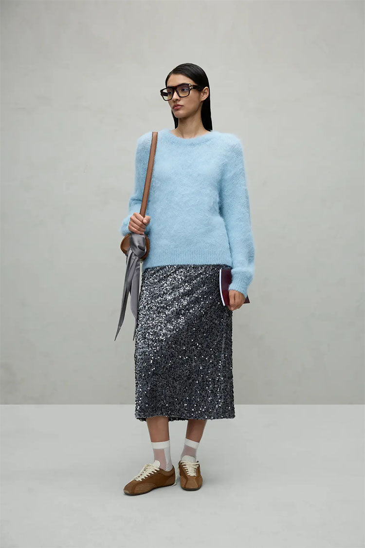 Vifaith High Waist Midi Sequin Skirt-Silver