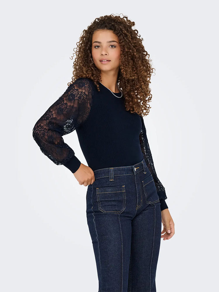 Onlperry Lace Sleeve Knit Top-Navy