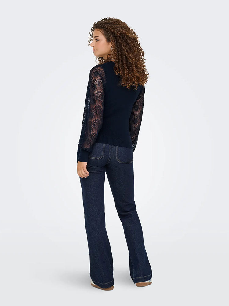 Onlperry Lace Sleeve Knit Top-Navy