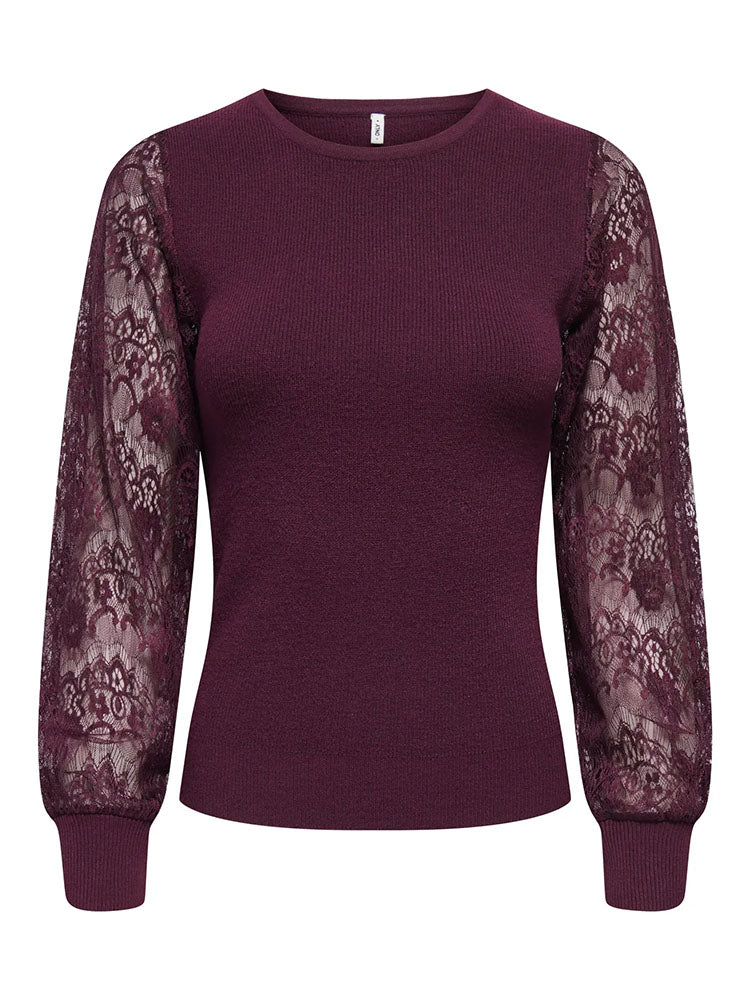 Onlperry Lace Sleeve Knit Top-Burgundy