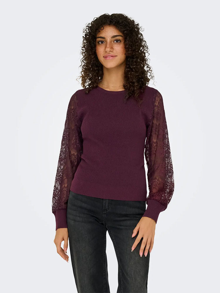 Onlperry Lace Sleeve Knit Top-Burgundy