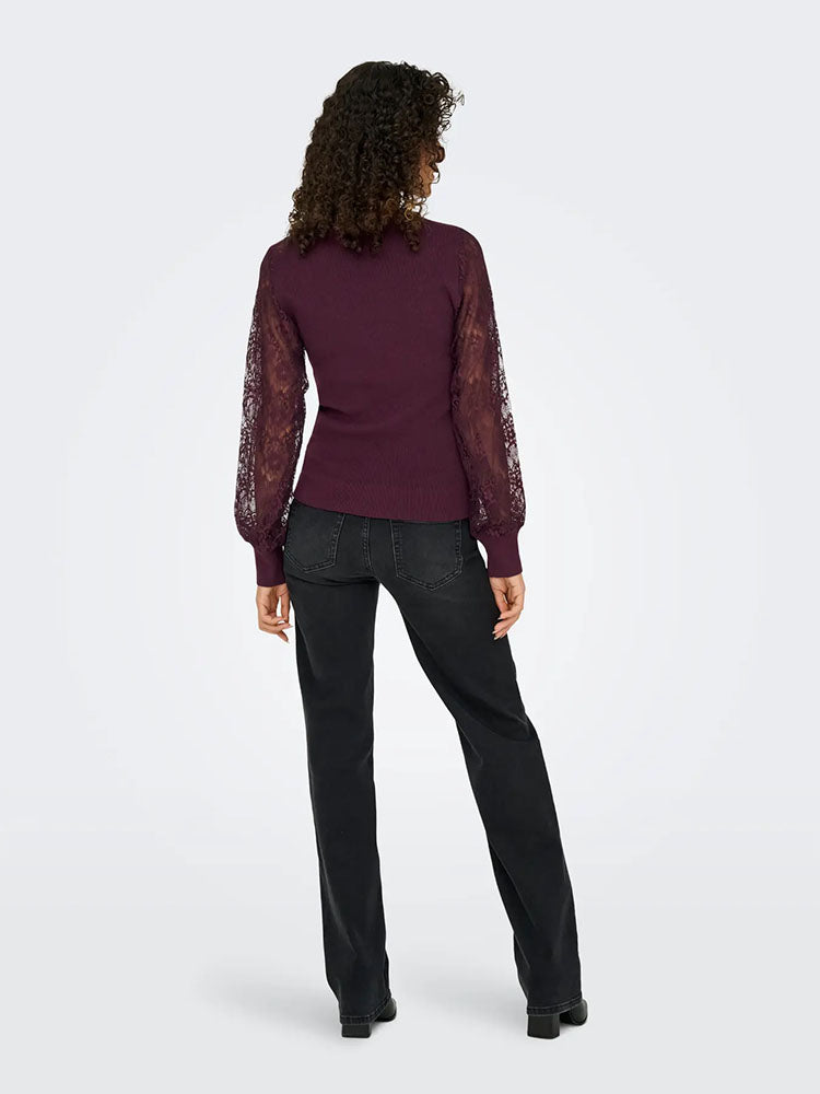 Onlperry Lace Sleeve Knit Top-Burgundy
