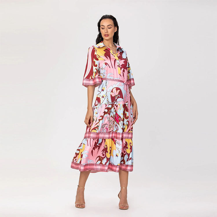 Artistic Print Midi Shirt Dress with Knotted Belt