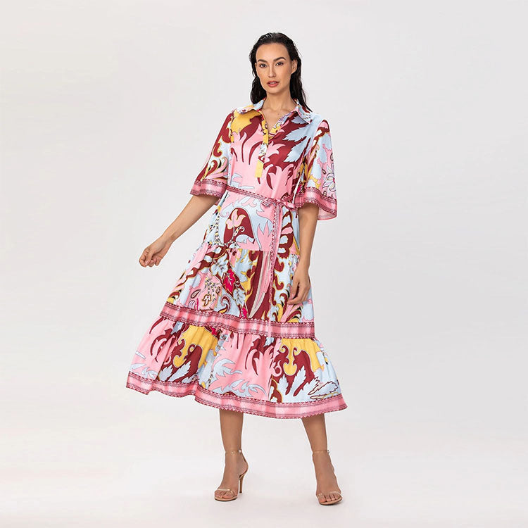 Artistic Print Midi Shirt Dress with Knotted Belt