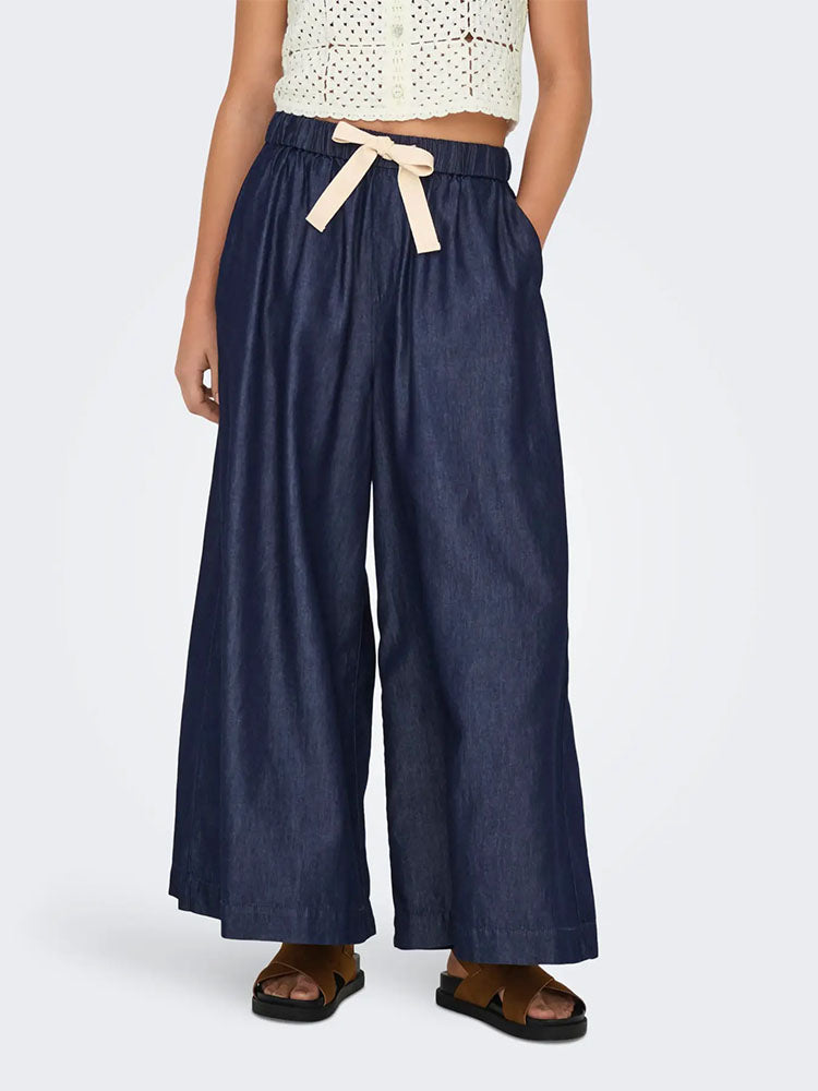 Onlbea High Waist Wide Palazzo Ankle Denim Trousers-Dark Blue Denim