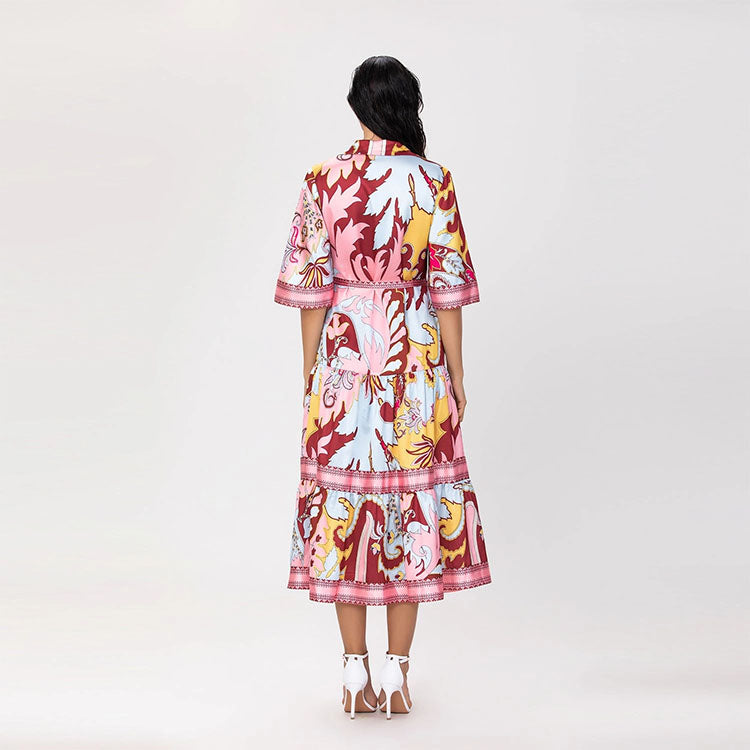 Artistic Print Midi Shirt Dress with Knotted Belt