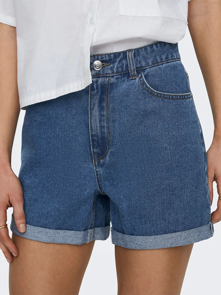 Onlvega High Waist Mom Denim Shorts-Dark Blue Denim