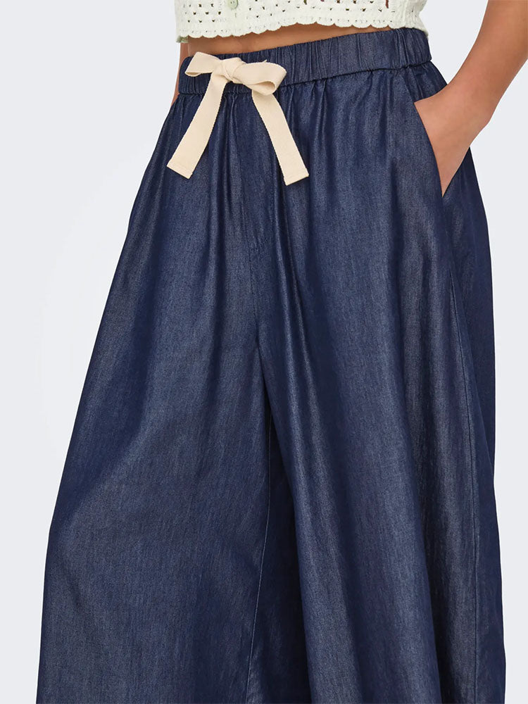 Onlbea High Waist Wide Palazzo Ankle Denim Trousers-Dark Blue Denim