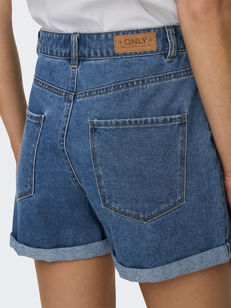 Onlvega High Waist Mom Denim Shorts-Dark Blue Denim
