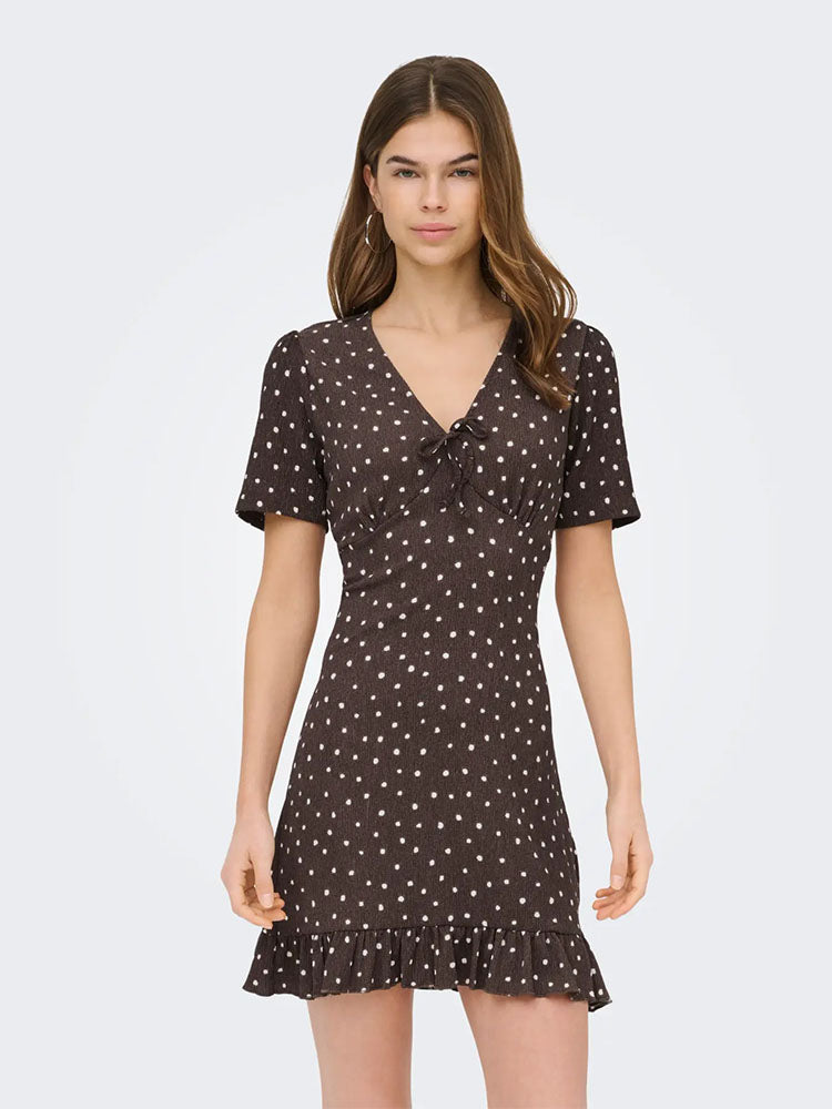 Onlmolly V Neck Dress-Brown/White Polka Dots